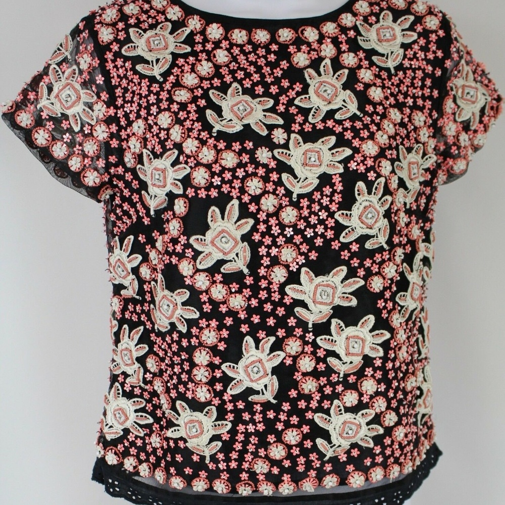 Embroidered Floral Lace Panel Blouse - Black & Pink